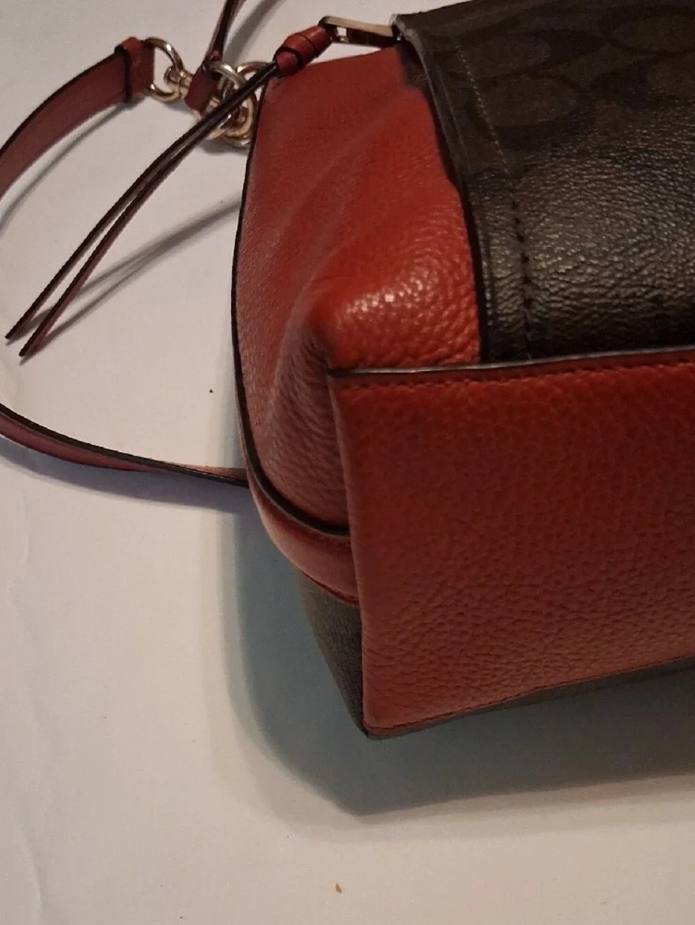 Coach Brown Signature Canvas Shoulder Bag with Red Leather Trim Gold tone logo
